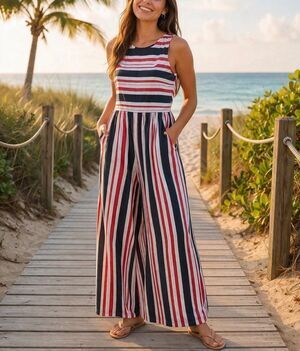 Maeve Anthropologie Striped Wide Leg Jumpsuit Red White Gray XS
